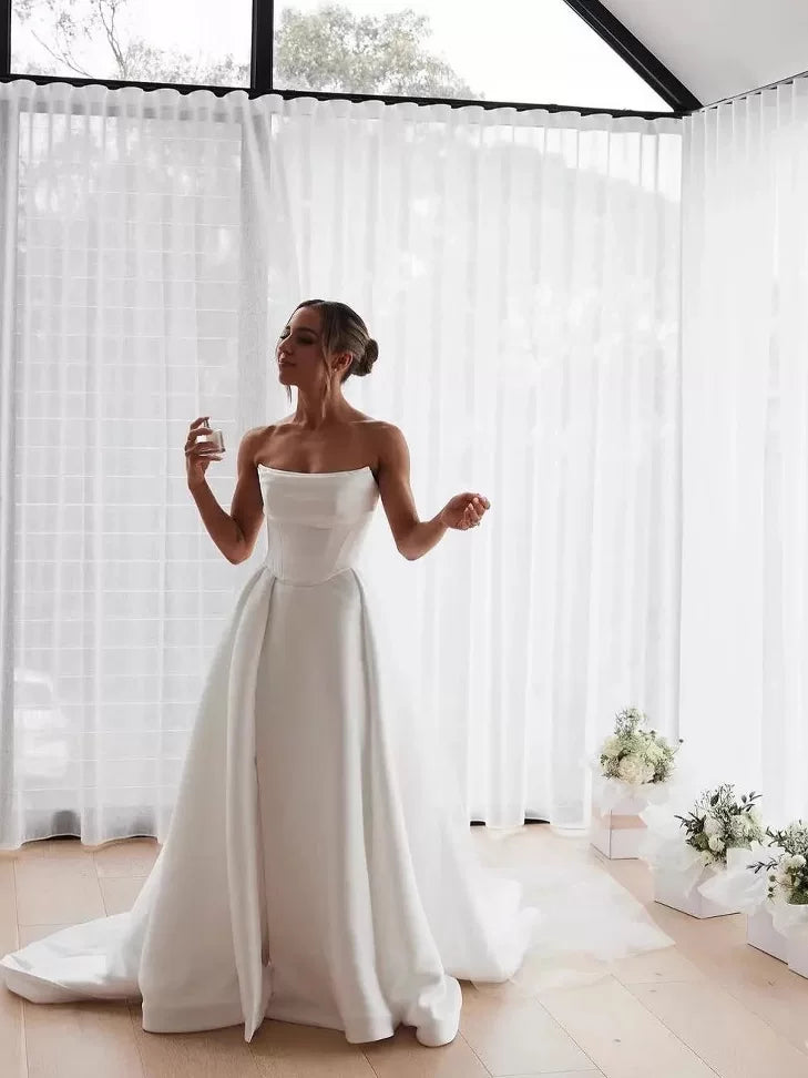 Xmzty | Strapless French Satin Wedding Dress with Light Tail and Veil