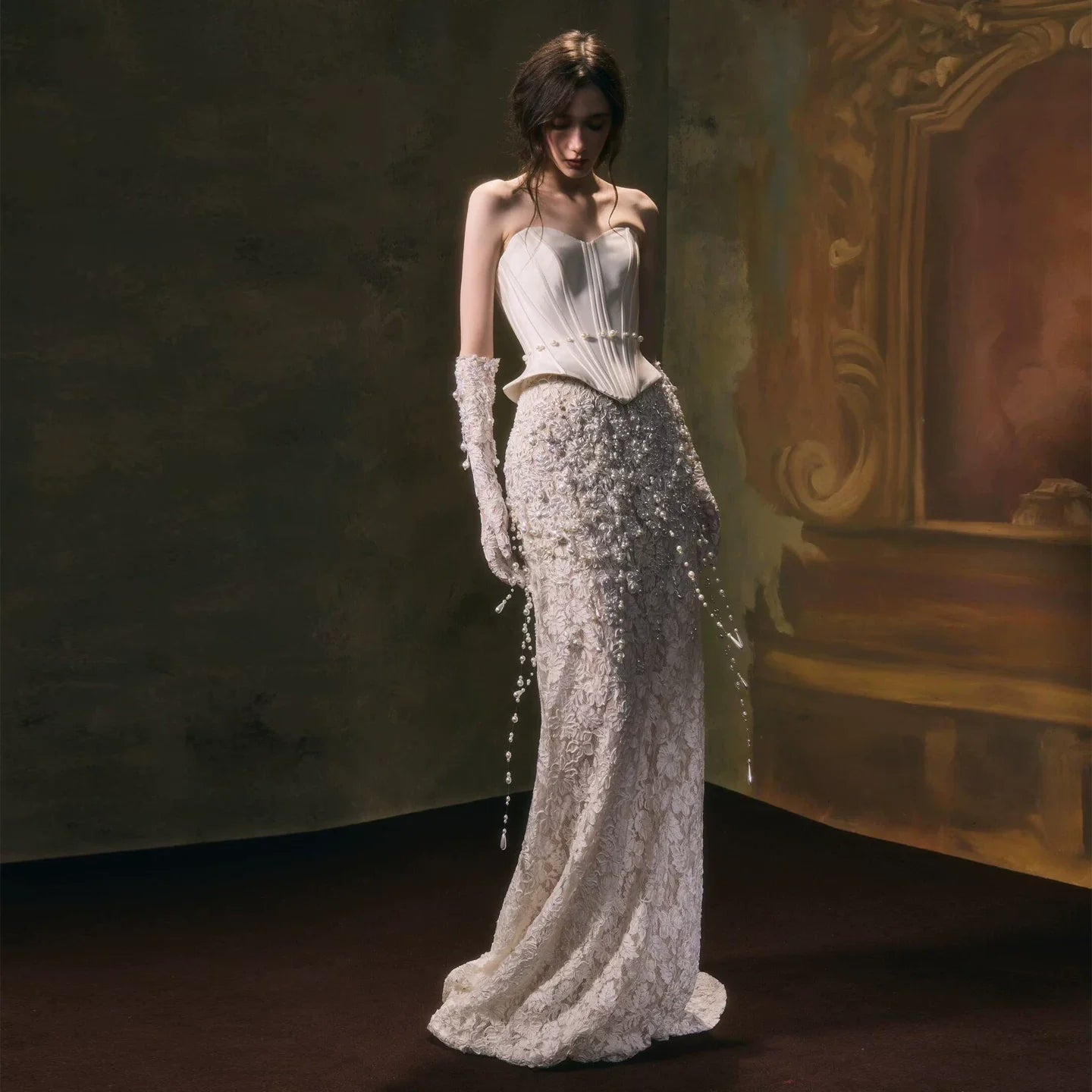 Xmzty | French Tube Top White Pearl Lace Fishtail Wedding Dress