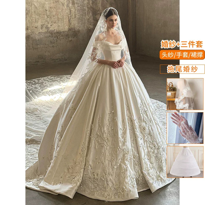 Xmzty | One-Shoulder French High-End Satin Wedding Dress with Trailing Skirt