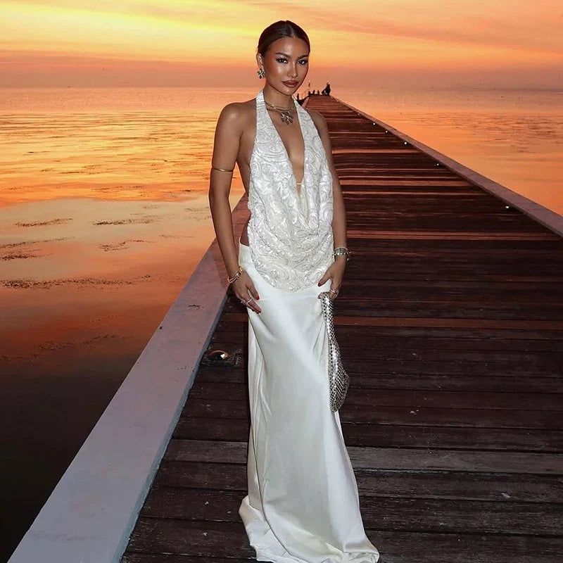 Xmzty | Romantic Galaxy Sunset Hanging Neck Suspender Dress for Women, Versatile Dinner Style