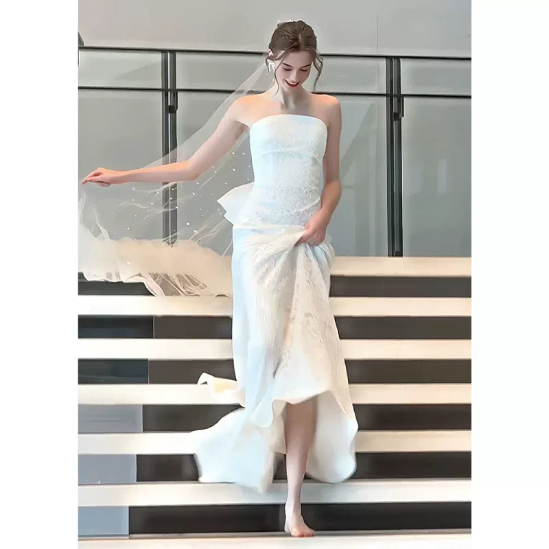 Xmzty | French Tube Top White Lace Wedding Dress with Forest Style Elegance