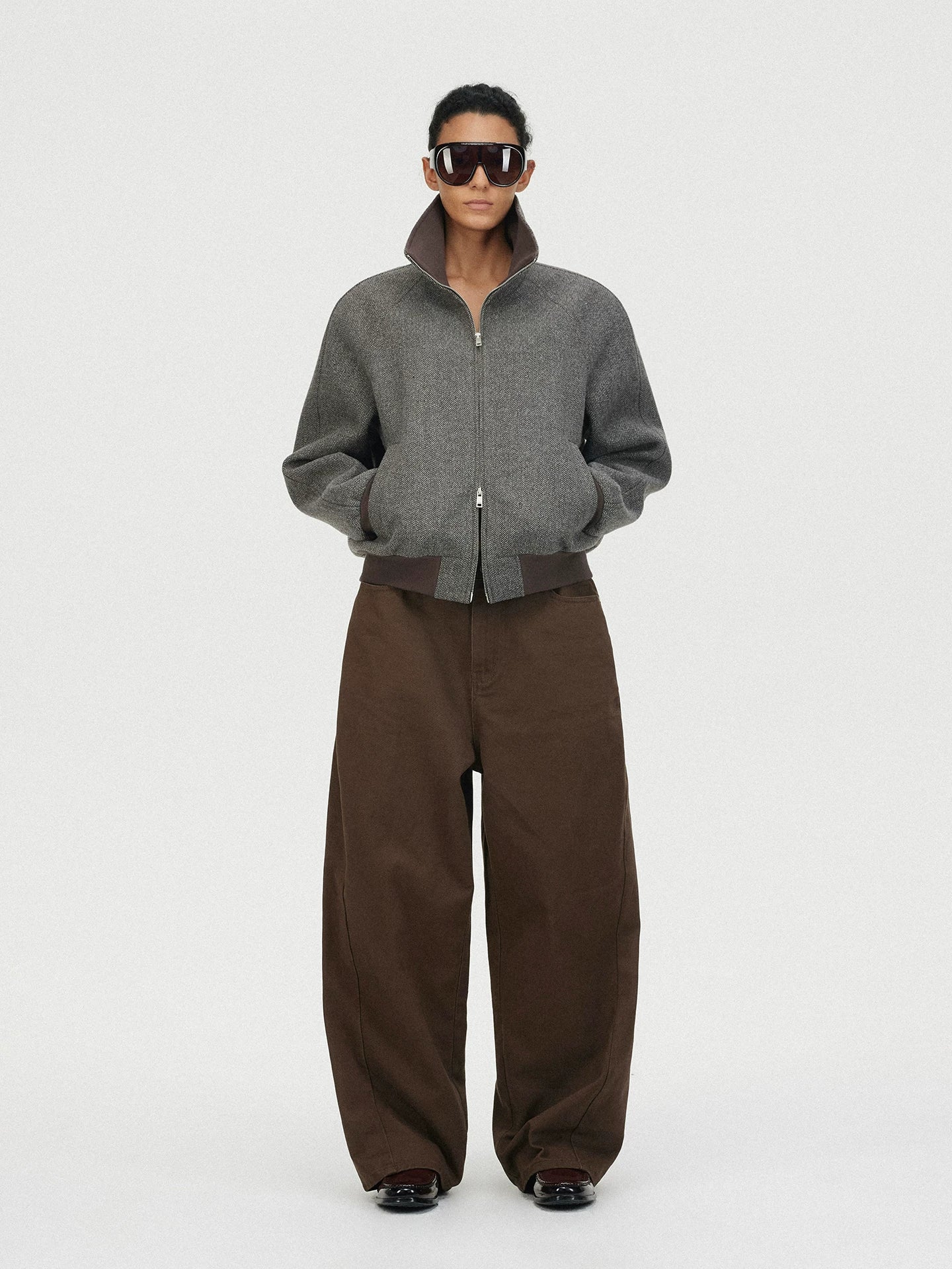 Xmzty | Herringbone Wool High-Collar Curved Shoulder Jacket