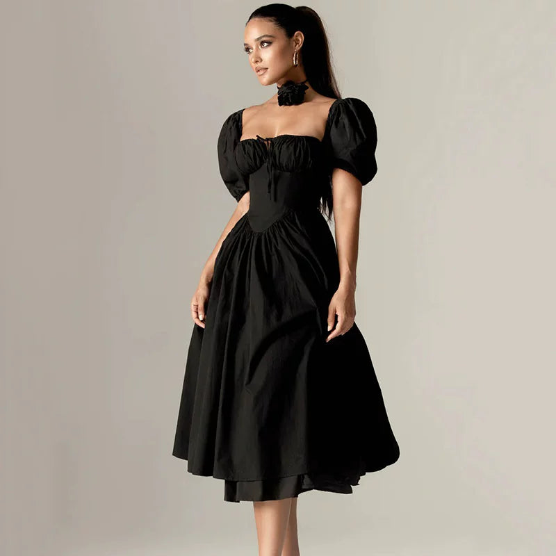 Xmzty | French Black Square Neck Puff Sleeve Waist Midi Dress