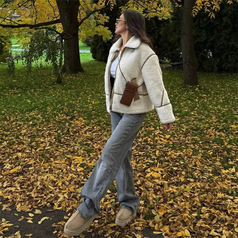 Xmzty | American Retro Motorcycle Jacket with Contrast Fleece Lapel