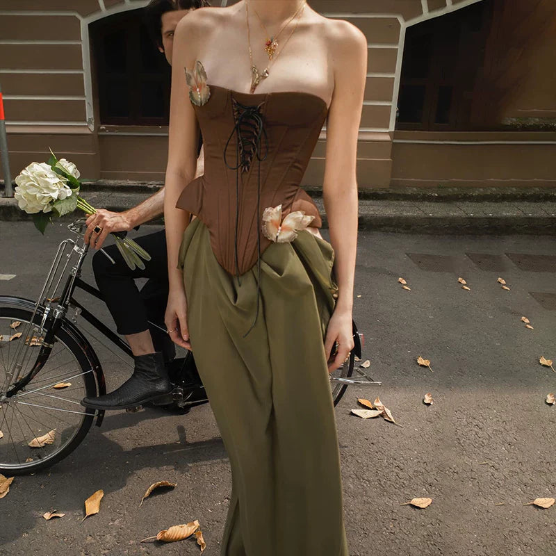 Xmzty | Elegant Brown Mesh Belted Suspender Maxi Dress for Women