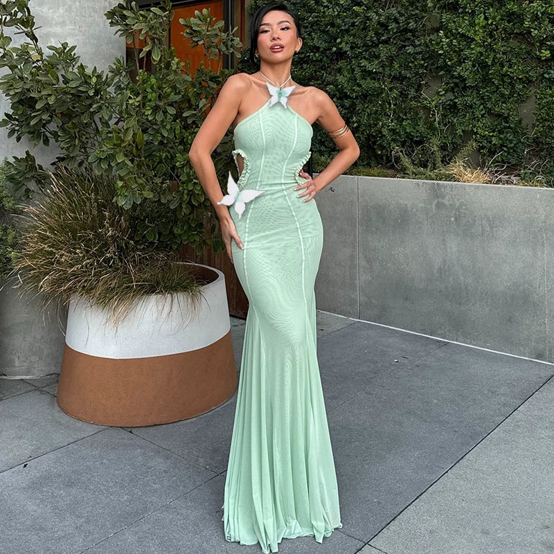 Xmzty | French Elegant Butterfly Embellished Halter Fishtail Dress for Women