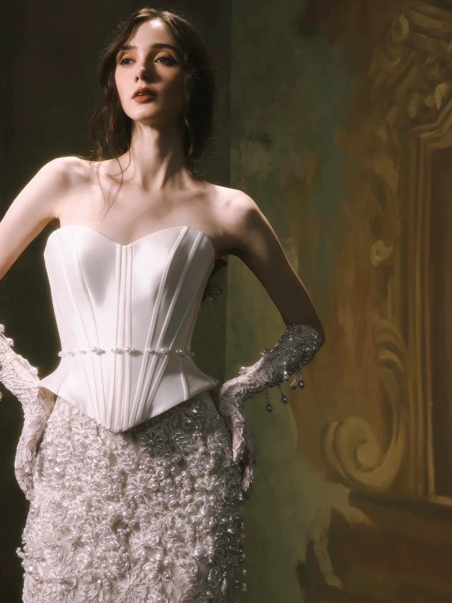 Xmzty | French Tube Top White Pearl Lace Fishtail Wedding Dress