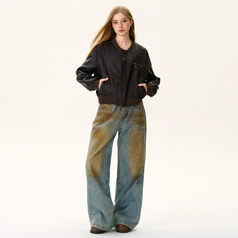 Xmzty | Retro Distressed Brown Leather Motorcycle Jacket