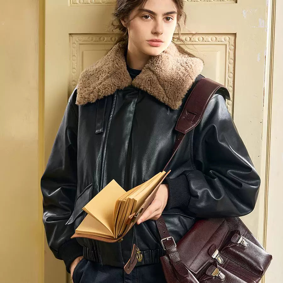 Xmzty | Retro Short Leather Biker Jacket with Fur One-Lapel