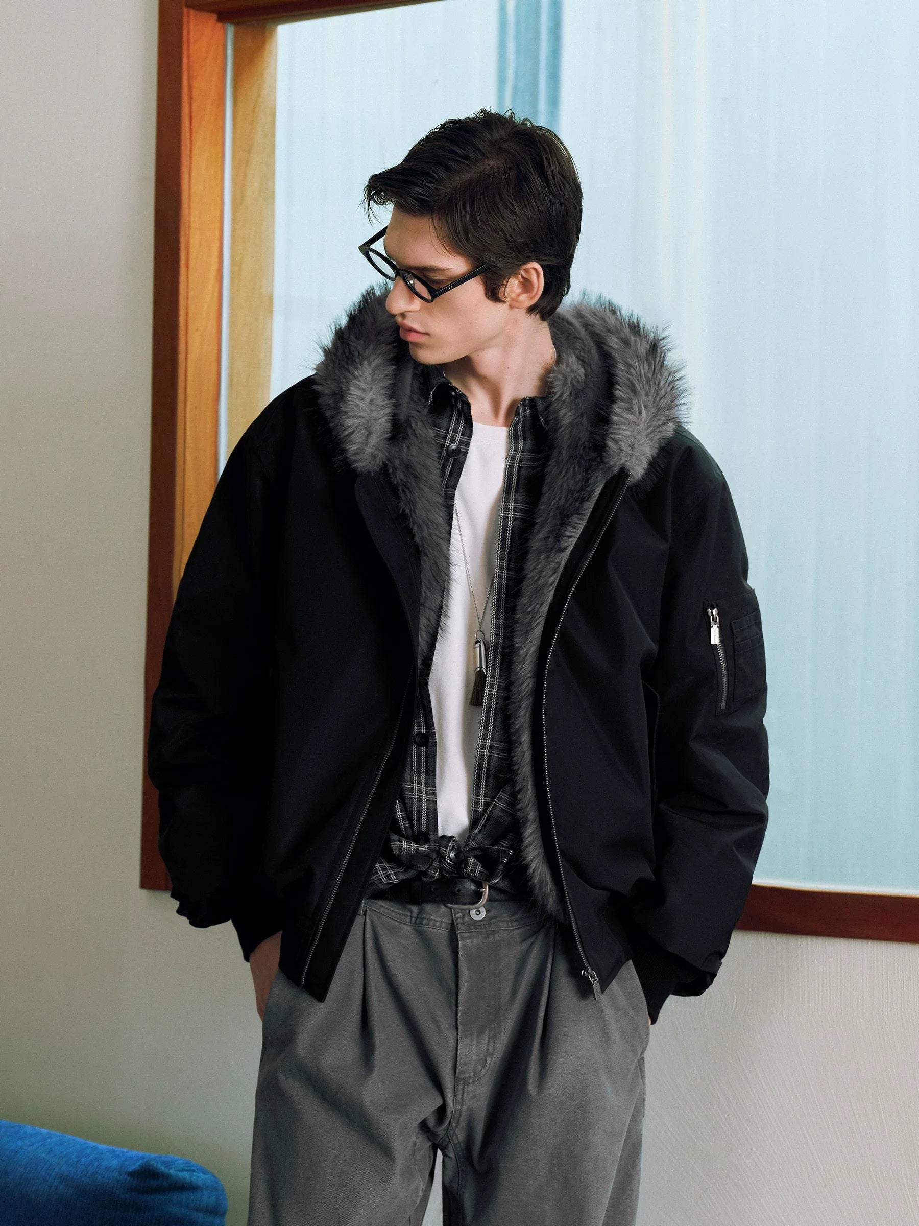 Xmzty | American Knitted Bomber Jacket with Fur Collar