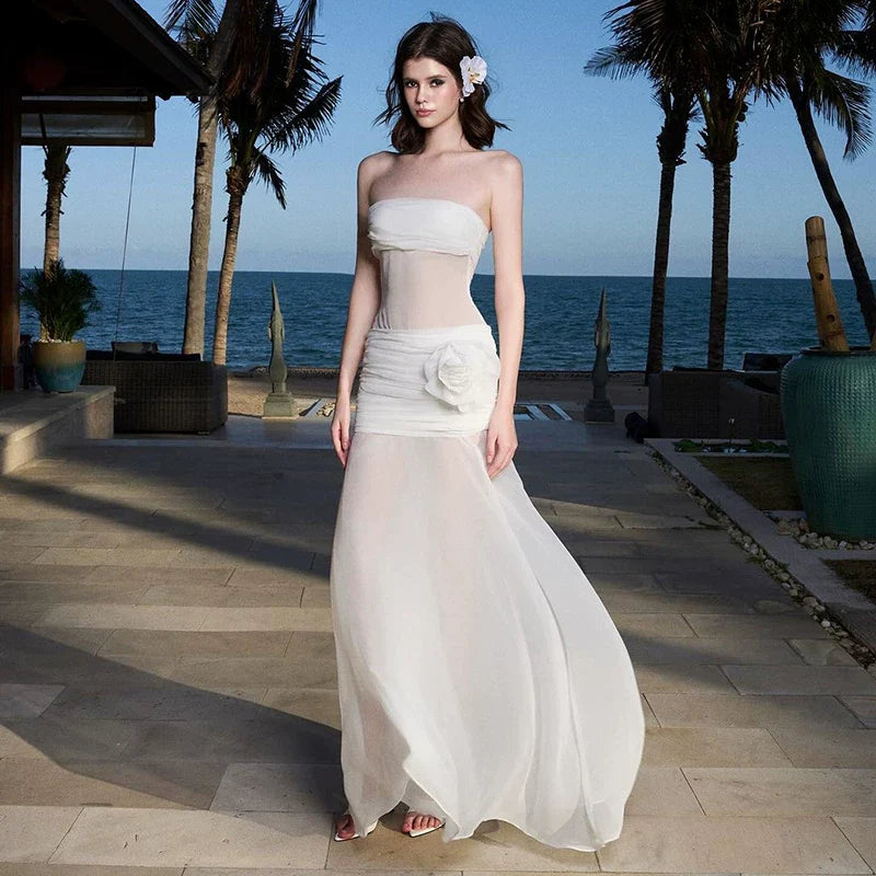 Xmzty | Holiday Strapless Mesh Maxi Dress with Waist-Defining Fit for Women