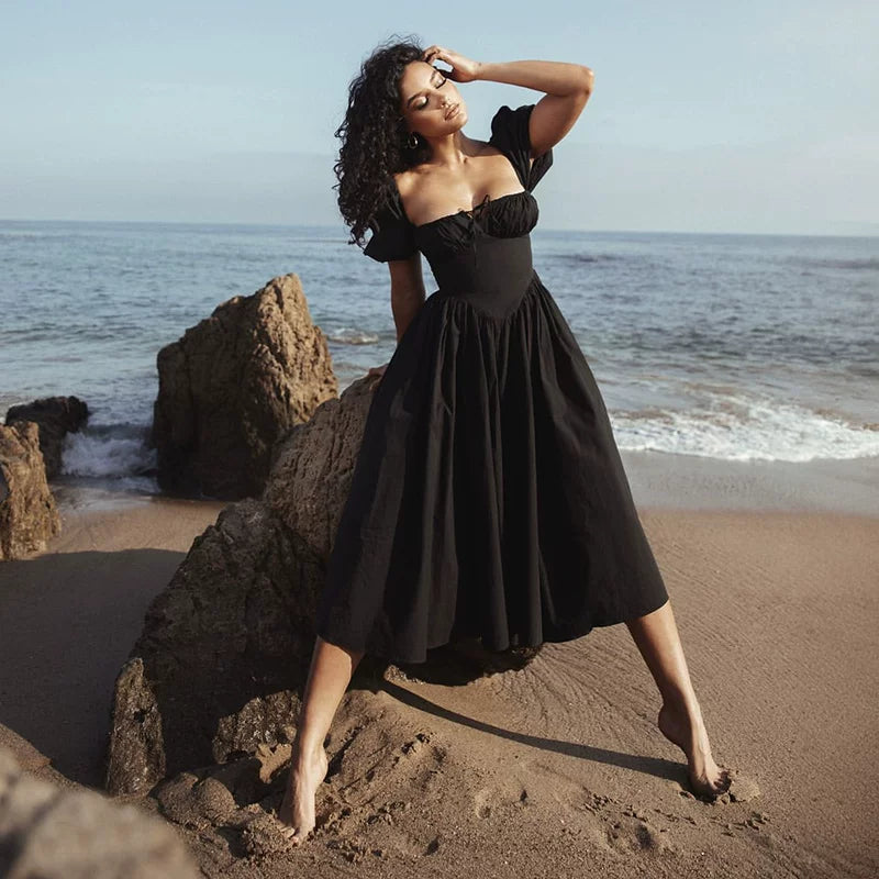 Xmzty | French Black Square Neck Puff Sleeve Waist Midi Dress