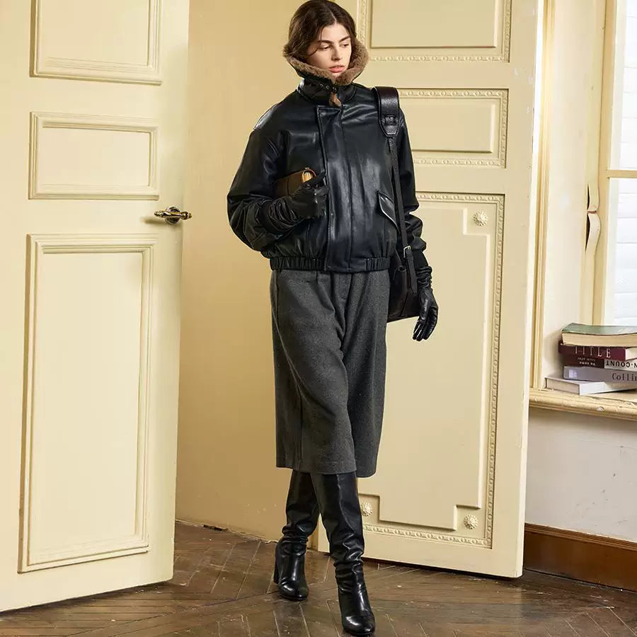 Xmzty | Retro Short Leather Biker Jacket with Fur One-Lapel