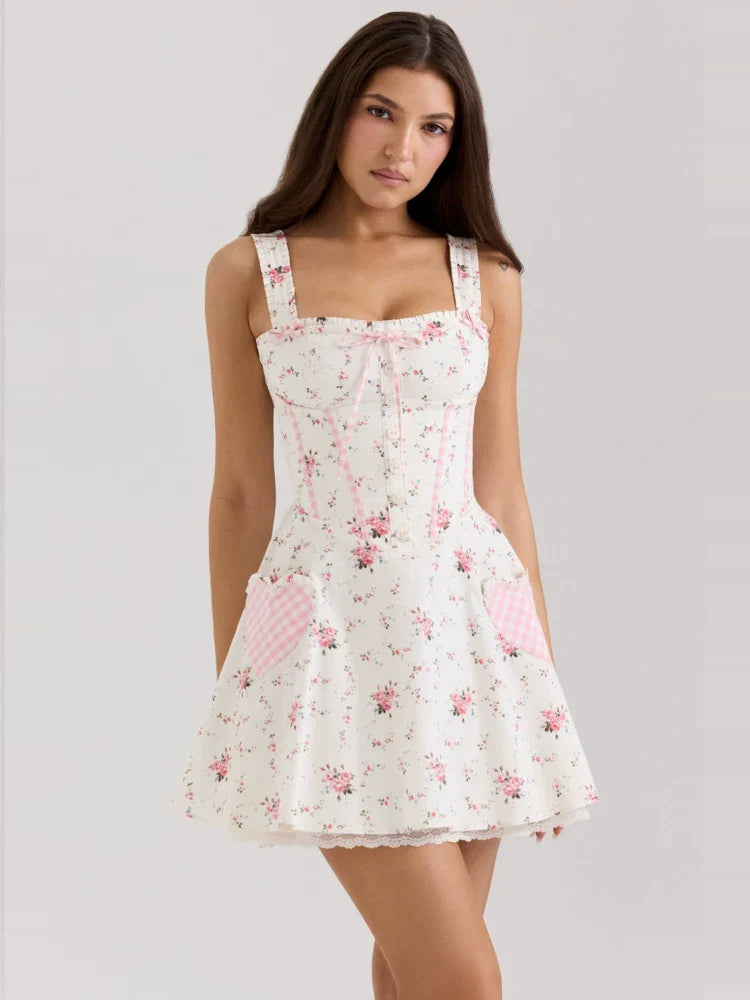 Xmzty | French Pure Desire Deep V-Neck Bow Embroidered Lace A-Line Mini Dress for Women