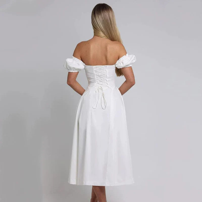 Xmzty | French Sweet One-Shoulder Puff Sleeve Midi Dress with Bow
