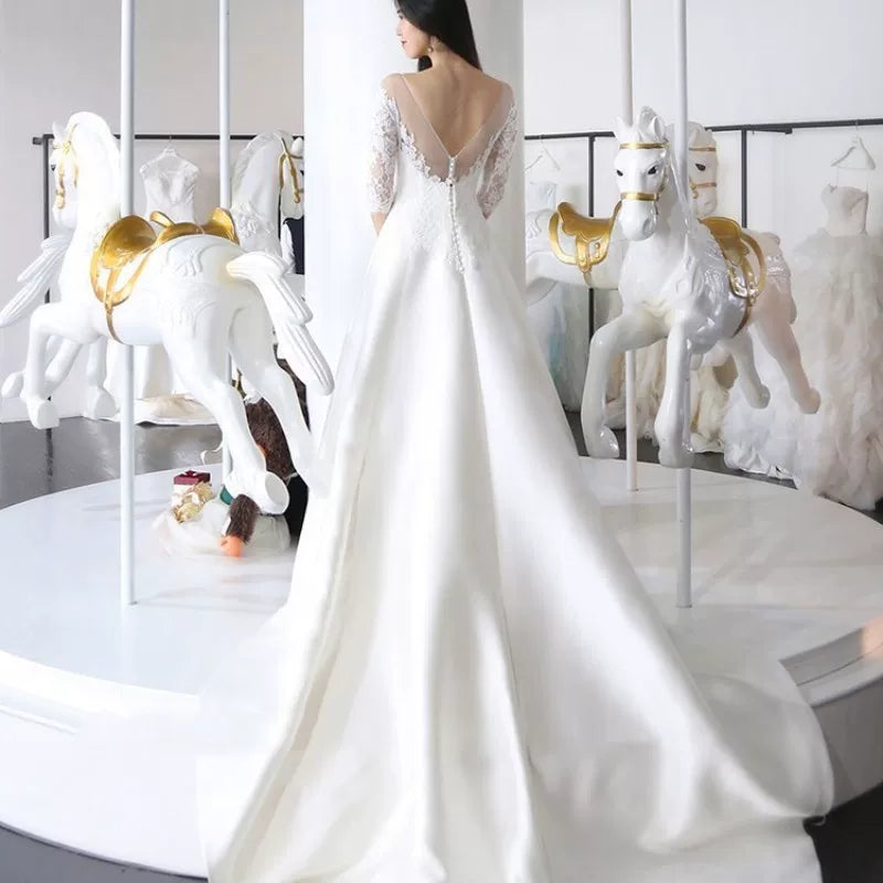 Xmzty | Satin One-Shoulder French Forest-Inspired Wedding Dress with Lace Trailing Skirt