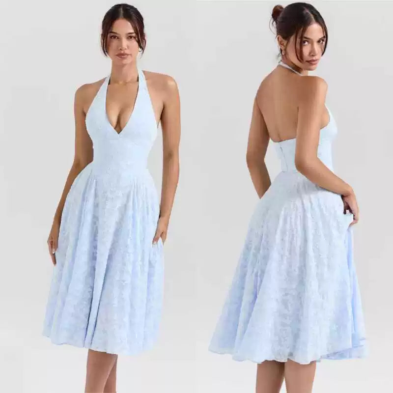 Xmzty | French Fairy Blue Jacquard V-Neck Backless Halter Holiday Dress for Women