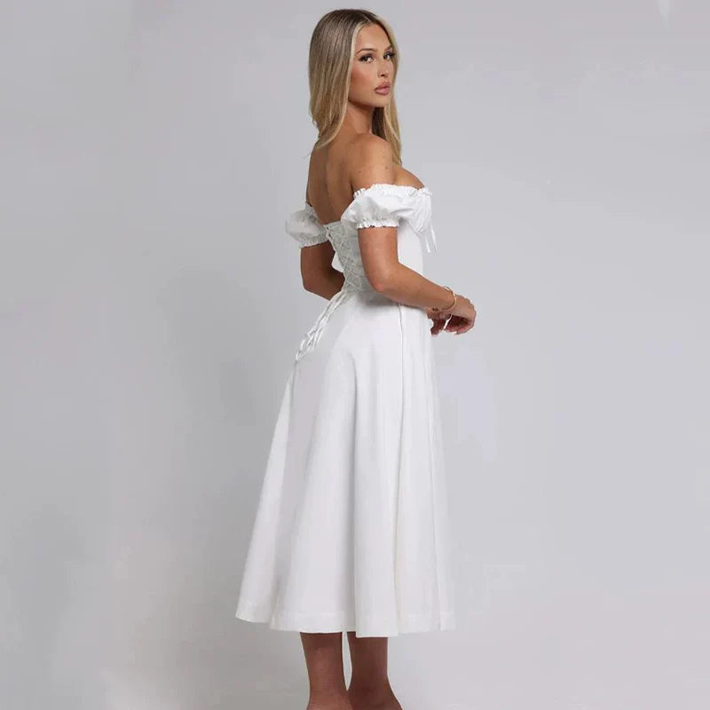 Xmzty | French Sweet One-Shoulder Puff Sleeve Midi Dress with Bow