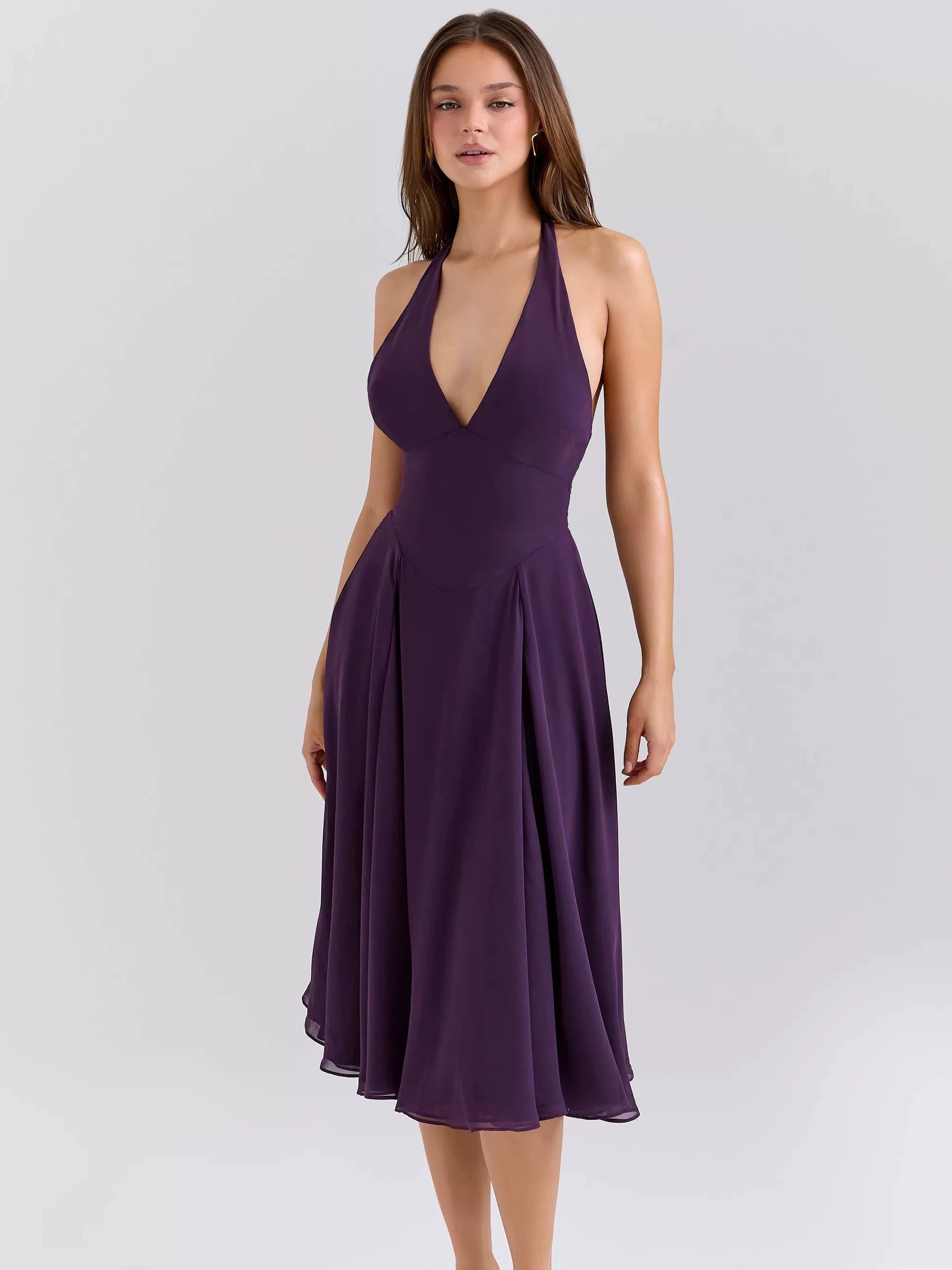 Xmzty | French Romantic Purple Halter Neck Backless Deep V Dress for Women