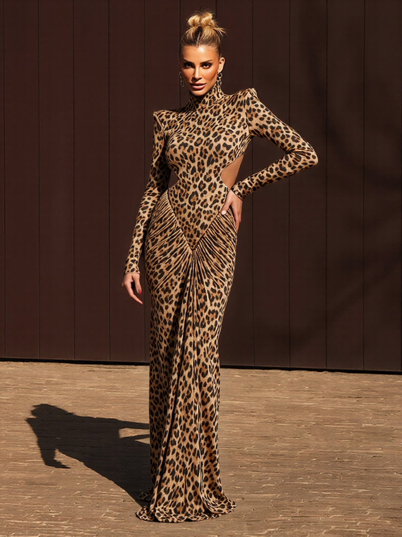 Xmzty | Leopard Print Backless Long Sleeve Dress with Stand Collar for Women