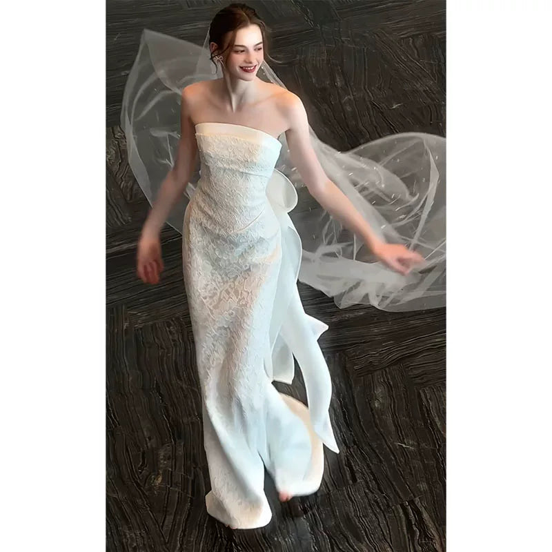 Xmzty | French Tube Top White Lace Wedding Dress with Forest Style Elegance