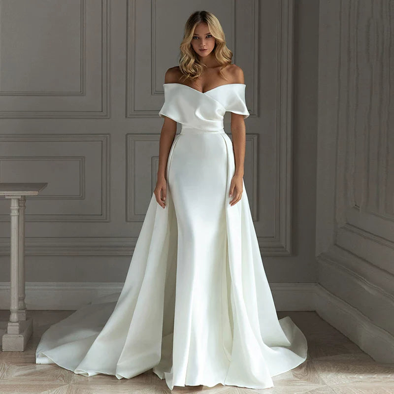 Xmzty | French Satin One-Shoulder Wedding Dress with Long Elegant Tail