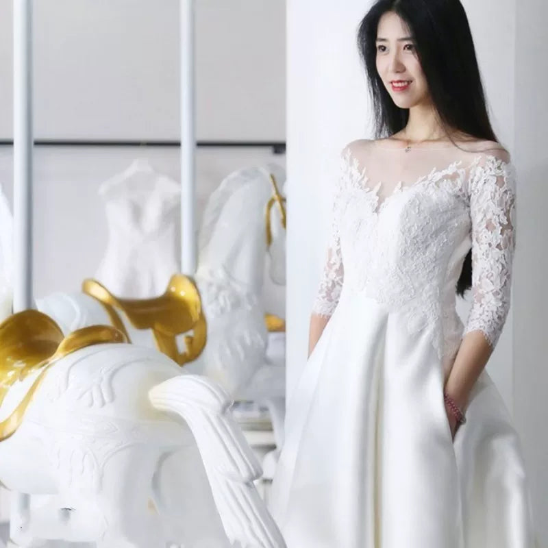 Xmzty | Satin One-Shoulder French Forest-Inspired Wedding Dress with Lace Trailing Skirt