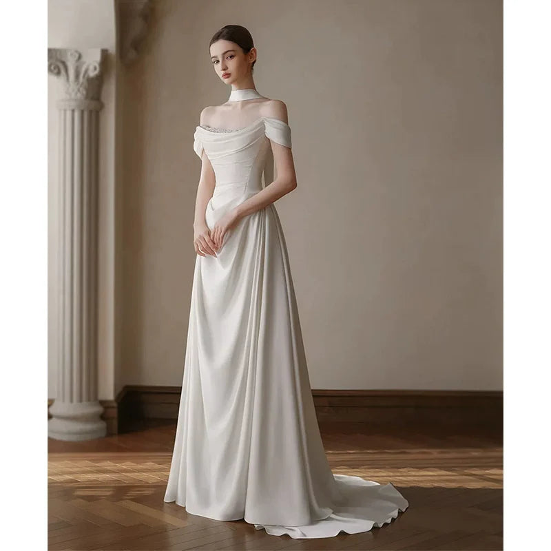 Xmzty | French One-Shoulder Light Luxury Wedding Dress with Satin Trailing Skirt