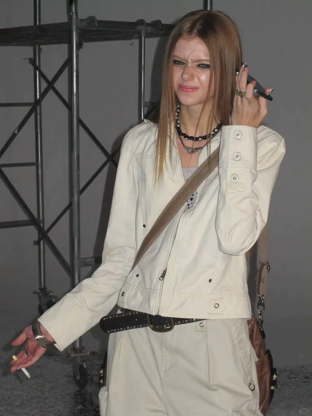 Xmzty | White Metallic Slim-Fit Zippered Punk Short Jacket