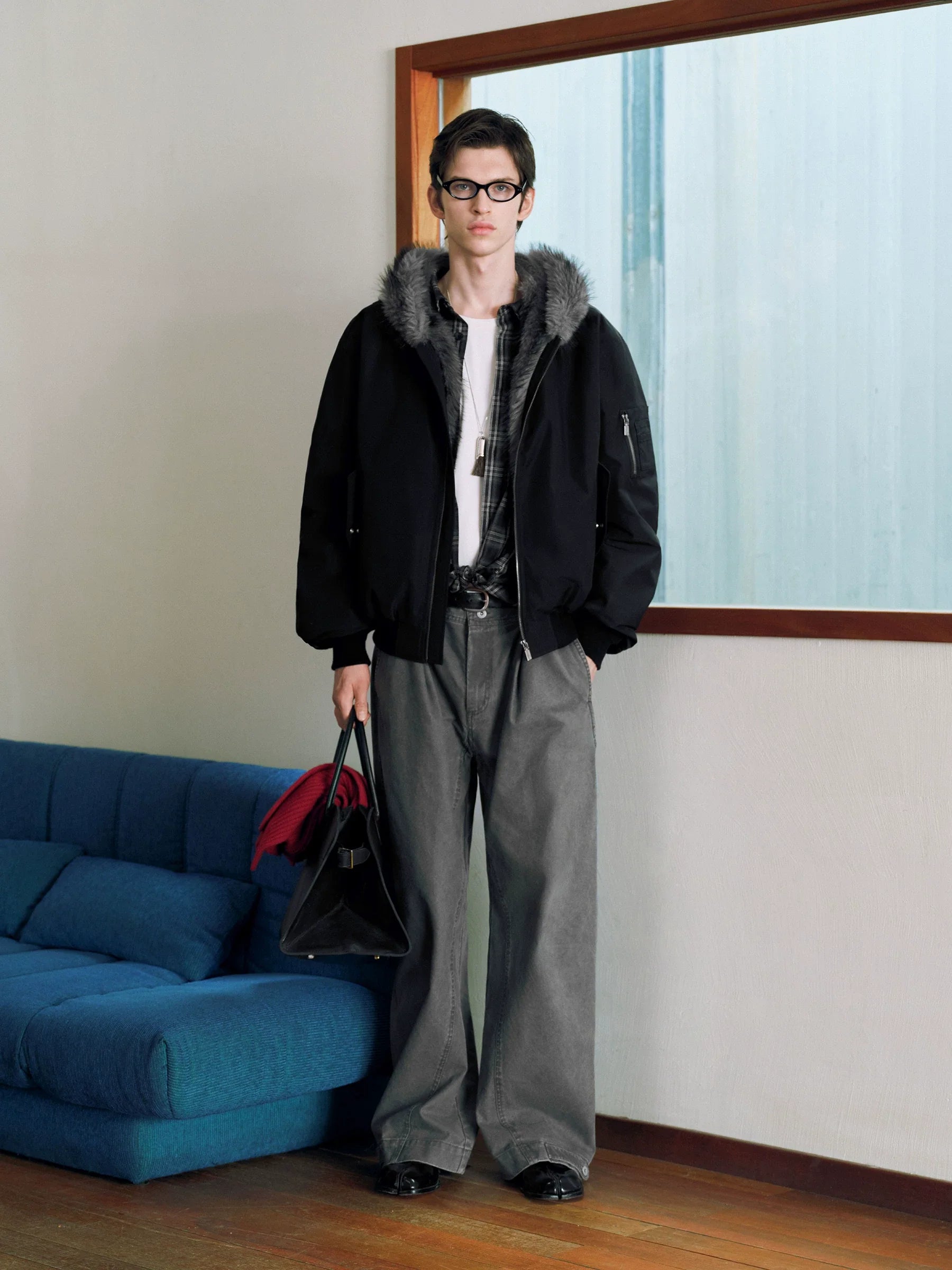 Xmzty | American Knitted Bomber Jacket with Fur Collar