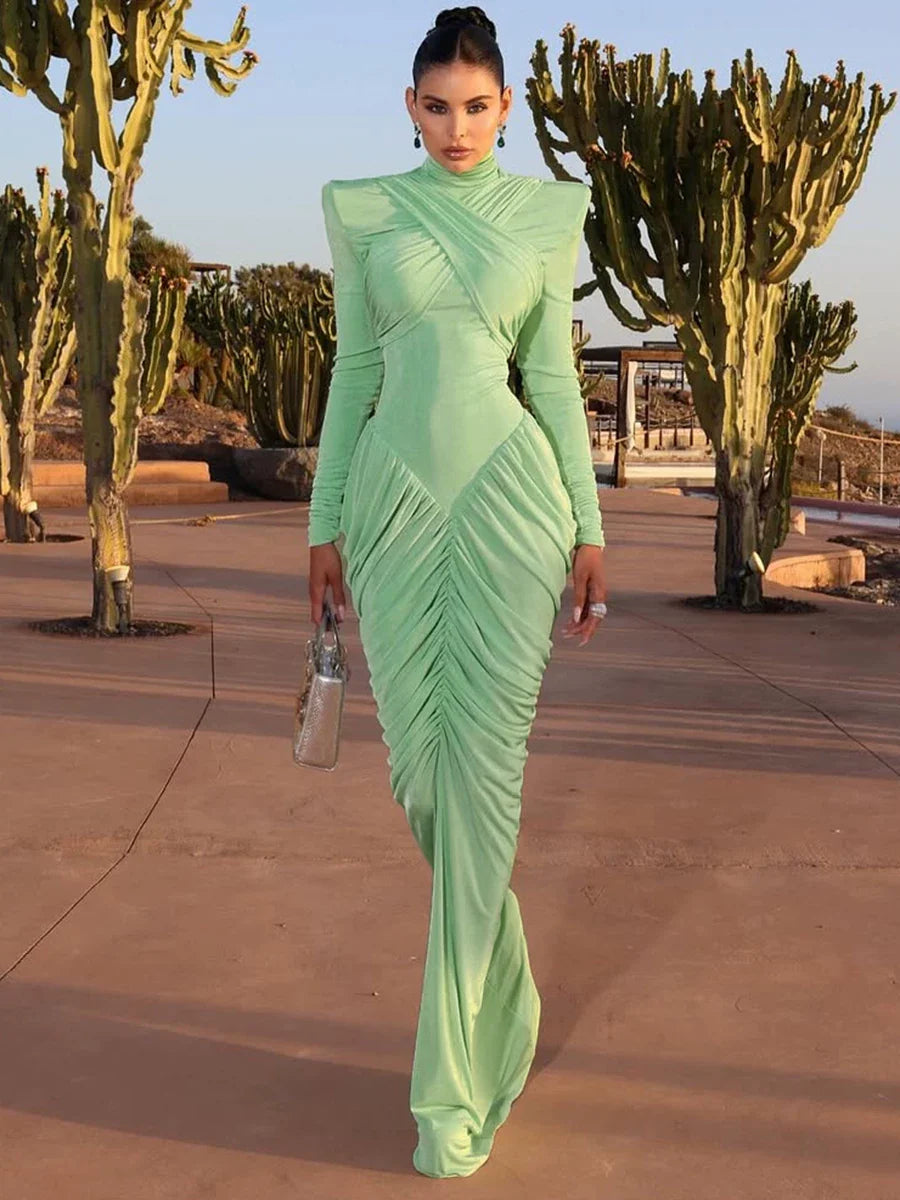 Xmzty | French-Inspired High Collar Long Sleeve Dress in Mint Green for Women, Slim Long Skirt