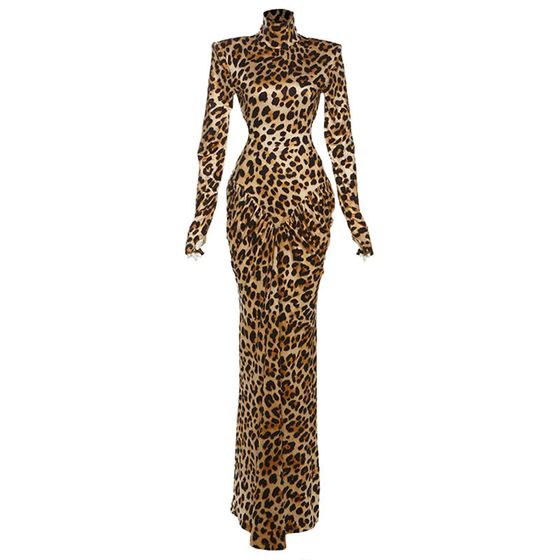 Xmzty | Leopard Print Backless Long Sleeve Dress with Stand Collar for Women