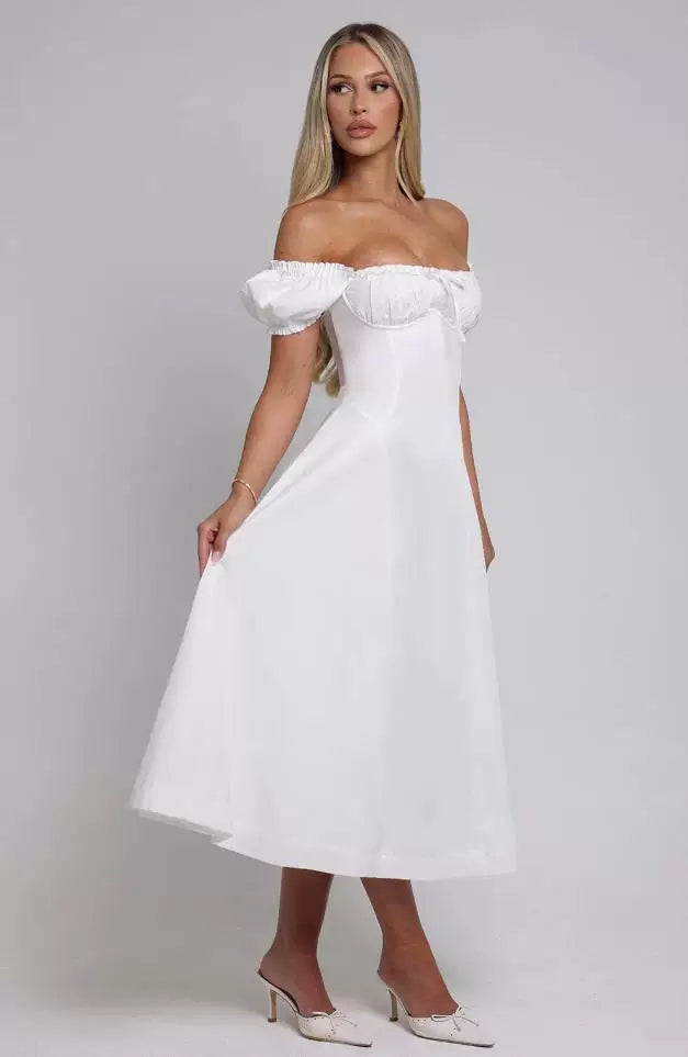 Xmzty | French Sweet One-Shoulder Puff Sleeve Midi Dress with Bow