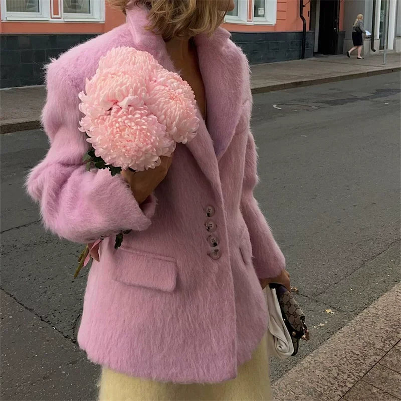 Xmzty | Gold-Style Woolen Mid-Length Blazer for Women