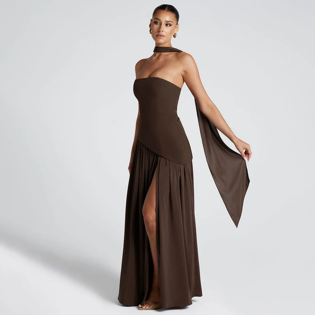 Xmzty | European-American One-Shoulder Tube Top High-Slit MIDI Dress for Women