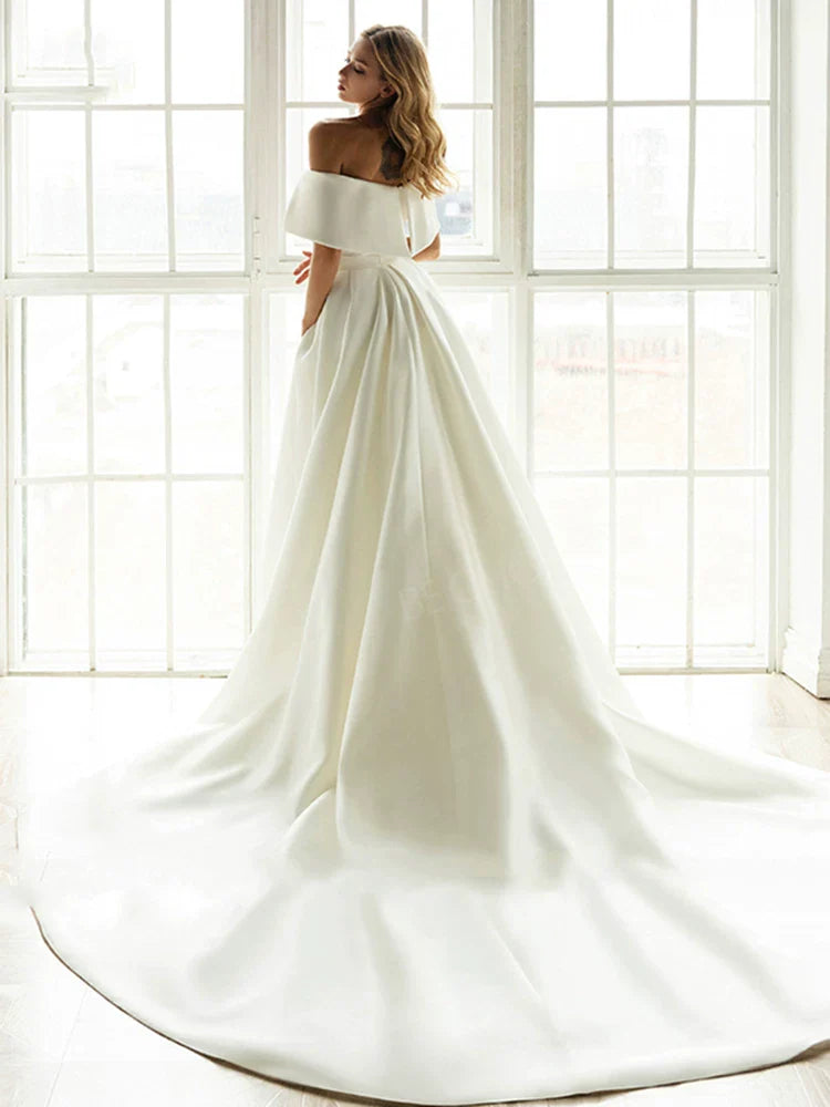 Xmzty | French Satin One-Shoulder Wedding Dress with Long Elegant Tail