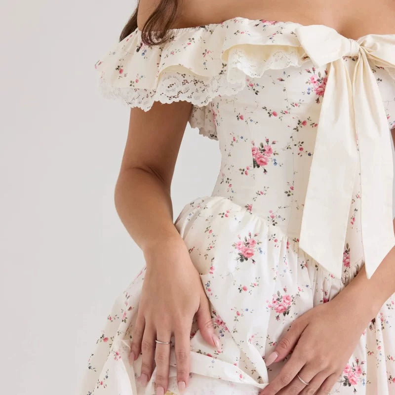 Xmzty | French Sweet One Shoulder Floral Dress with Bow for Women